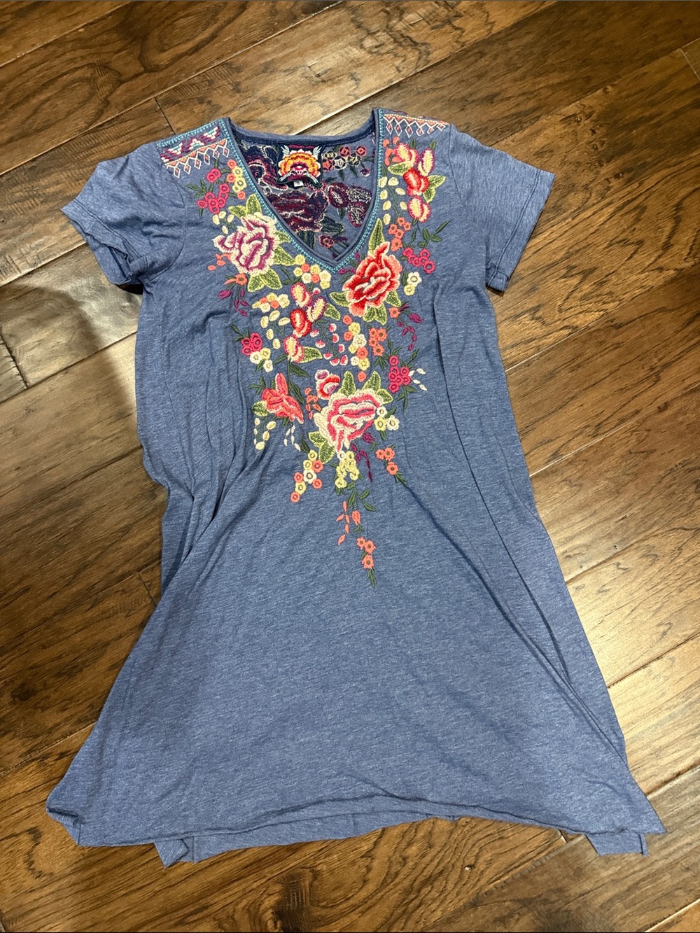 Johnny Was Blue V-Neck Embroidered Floral Tee